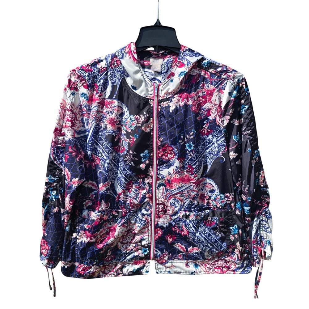 Chicos Zenergy Floral Paisley Hooded Windbreaker Jacket Navy Pink Size 3 16/18